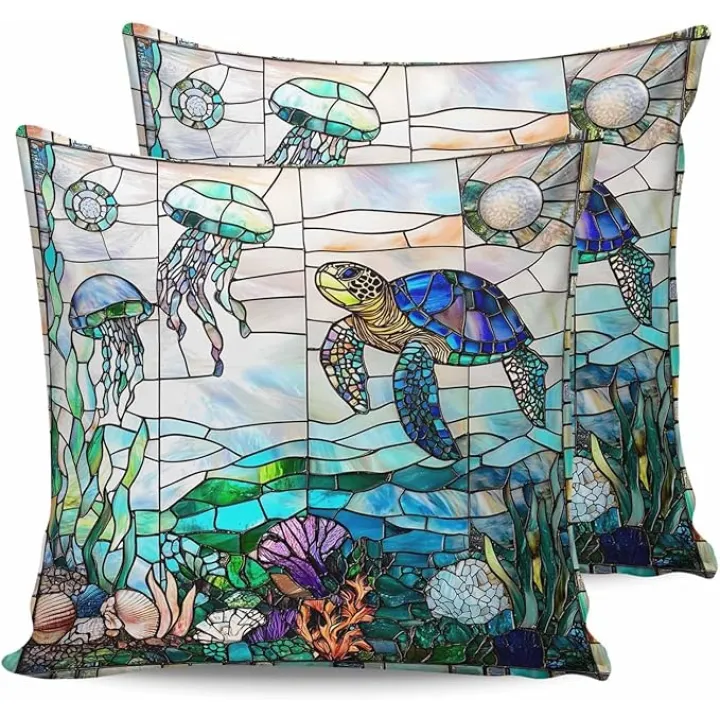 Waterproof Throw Pillow Covers Pack of 2, Summer Nautical Sea Turtles Coral Cushion Cases Pillow Cases for Outdoor Indoor, Ocean Colorful Jellyfish Decorative Pillows Covers for Sofa Bed Couch Patio
