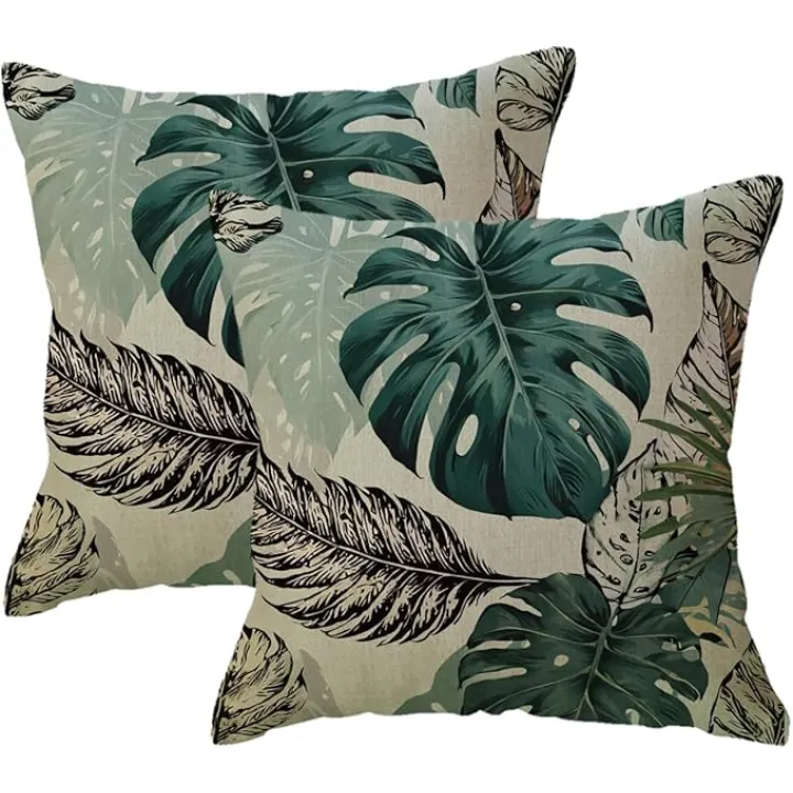 ULOVE LOVE YOURSELF Monstera Leaf Pillow Covers 2Pack Sage Green Tropical Palm Leaves Cushion Covers Botanical-Themed Decorative Pillowcases 18×18 Inch for Sofa Couch Porch Patio