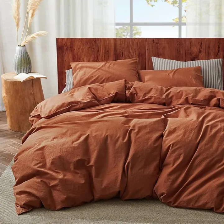 3Pcs Organic Linen Duvet Cover Queen Size, 100% French Linen from Normandy, Soft & Durable Terracotta Bedding Set Comforter Cover with 2 Pillowcases, 1 Duvet Cover with Zipper