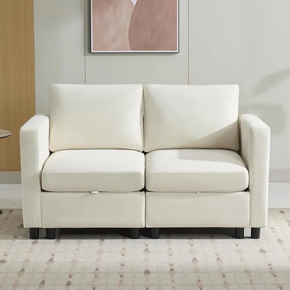 58”Modular Sectional Loveseat Sofa, Modern Love Seat 2 Seater Sofa Couch with Storage, Chenille Modular Sectional Couch for Living Room, Bedroom, Office, Small Apartment, Beige