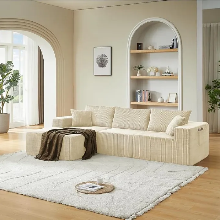 109” Cloud Sectional Couch with L-Shape Chaise, Modern Modular Sectional Sofa, No Assembly Required Sponge Sectional Sofa Couch for Living Room, Sofa-in-a-Box, White