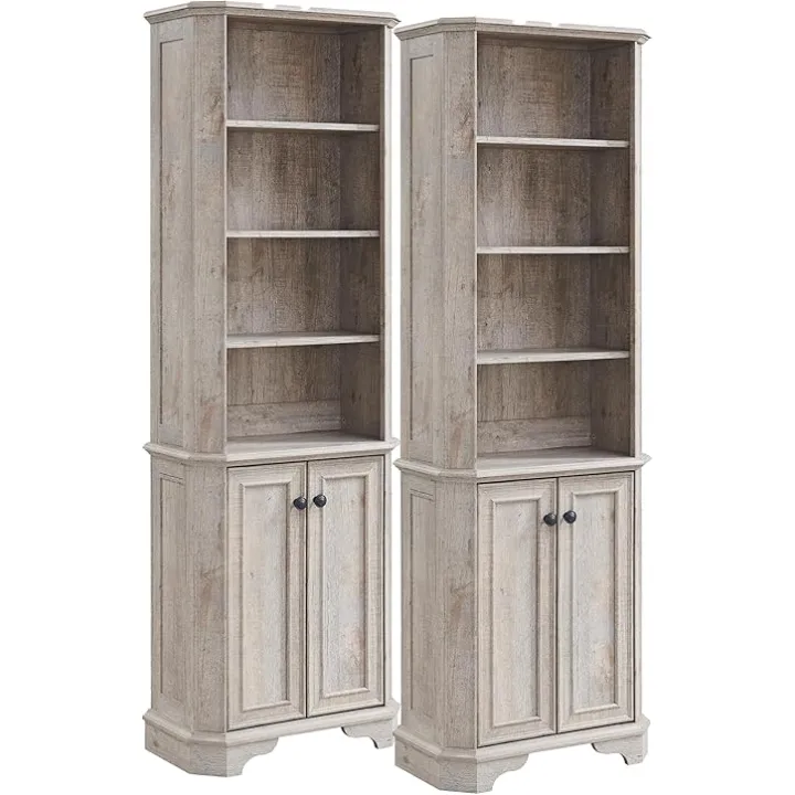 T4TREAM 6-Tier Bookshelf Set of 2 with Storage, 72" Tall Farmhouse Bookcase with Doors and Adjustable Shelves, Wooden Floor Standing Display Book Shelf for Home Office, Light Rustic Oak