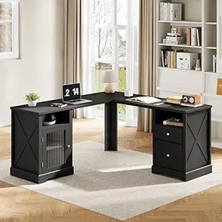 ChooChoo Modern L Shaped Corner Desk 55"x55" with Files Drawers and Storage Cabinet, Home Office Computer Writing Desk with Charging Station, for Work Writing Study Gaming (Black)