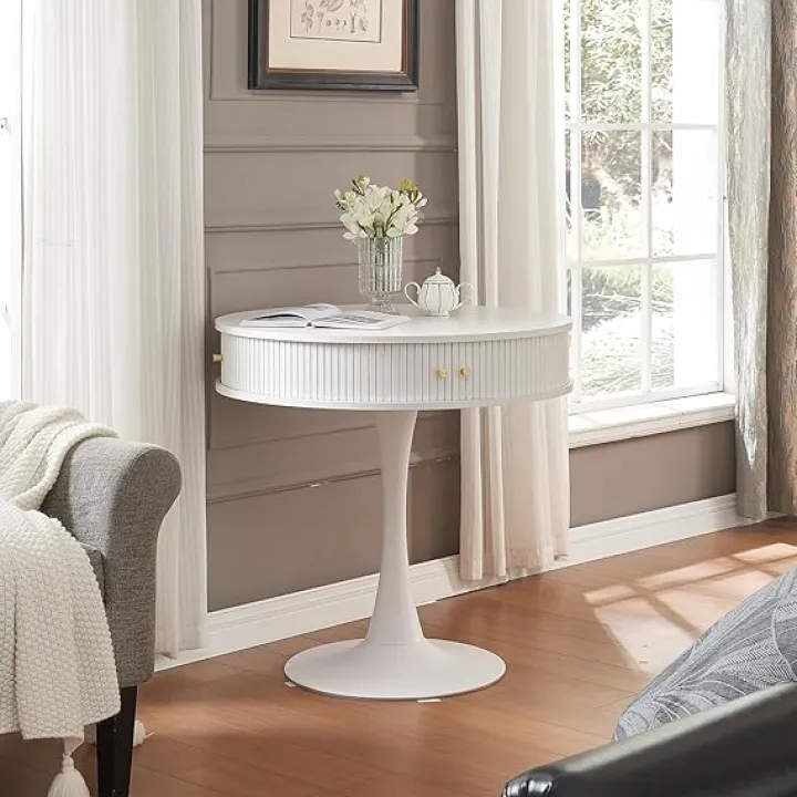 31.5” Round Wood Dining Table, Metal Pedestal Base, Leisure Tulip Design, Accent Circle Side Table with Hidden Compartment and Sliding Door, for Kitchen, Dining Room, Living Room, Cafe, Bistro, White