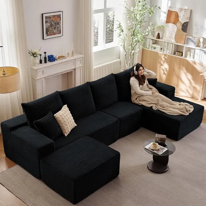 135" U-Shape Cloud Couch, Modern Modular Sectional L-Shape Sofa with Ottoman, No Assembly Required, Deep Seat, Upholstered Corduroy Sleeper Chaise Longue for Living Room Bedroom Black
