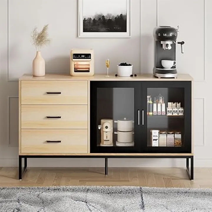 Buffet Cabinet with Storage, 51" Modern Sideboard Coffee Bar Cabinet, Solid Wood Countertop & Changhong Glass Doors (Log)