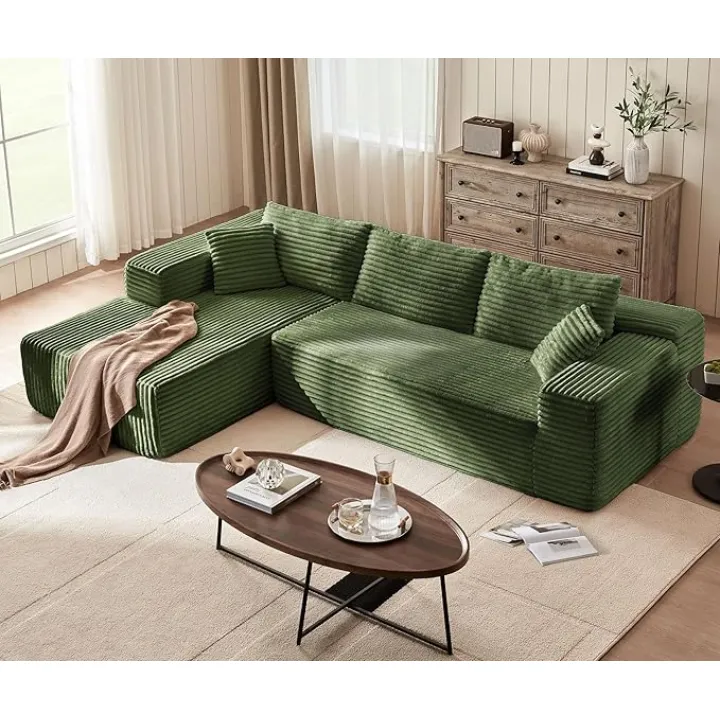 LINSY HOME Modular Sectional Sofa: 106'' Corduroy Cloud Couch L Shaped Sofas with Deep Seat Comfy Fluffy Plush Couches for Living Room Apartment, No Assembly Couch, Green