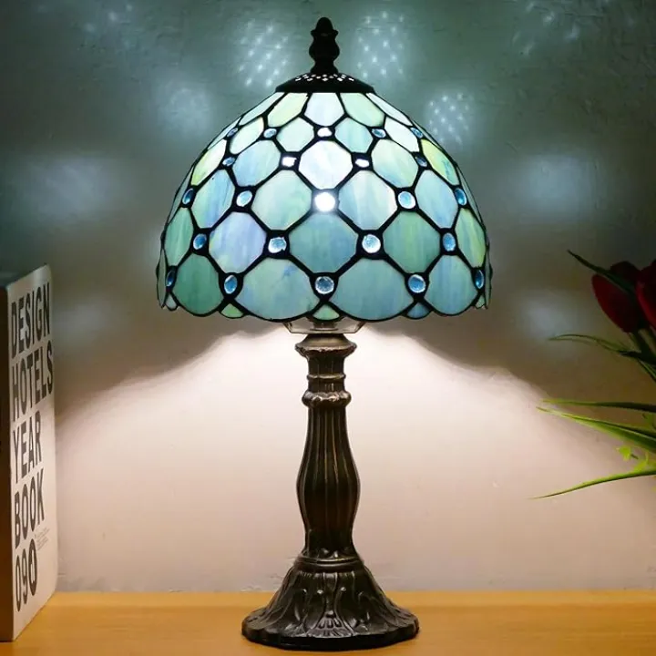 Small Tiffany Lamp Mini Stained Glass Table Lamp Sea Blue Pearl Style Bedside Accent Lamp Memory Sympathy 8X14.5 Inch