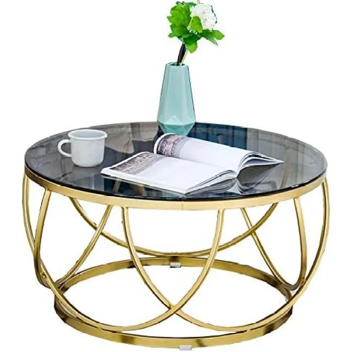 Side Table Nordic Living Room Tempered Glass Sofa Side Table Balcony Iron Art Coffee Table Small Round Table，Gold，23.6''Times;17.7''(Black Glass)