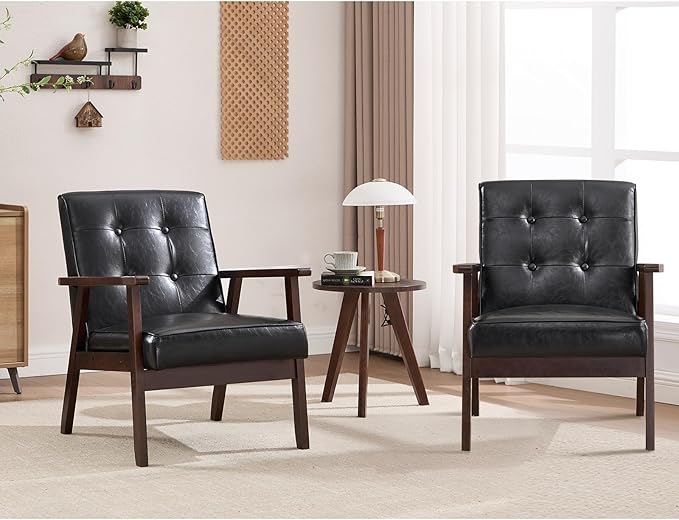 Mid Century Modern Accent Chairs, Set of 2, Black Faux Leather, Button Tufted with Wood Frame, Living Room Armchairs