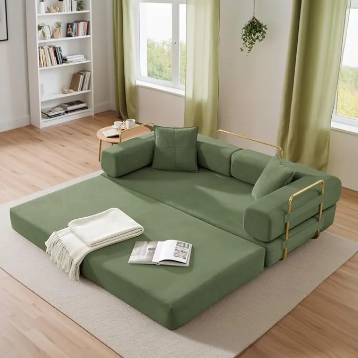 Antetek Convertible Futon Sofa Bed, 3-Seater Modern Corduroy Foam Floor King Size Bed Fold Out Sleeper Lounge Loveseat Sofa Couch with 2 Throw Pillows for Living Room Bedroom Guest Room, Green