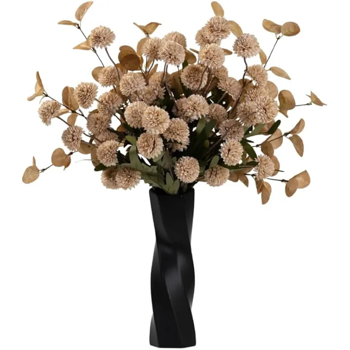 LESING 10pcs Long Stem Artificial Flowers with Eucalyptus, Fake Silk Tall Chrysanthemums Ball Flower Stems Artificial Faux Pompon Mum Flowers Bulk Floral Arrangements Decoration (Beige,10pcs)