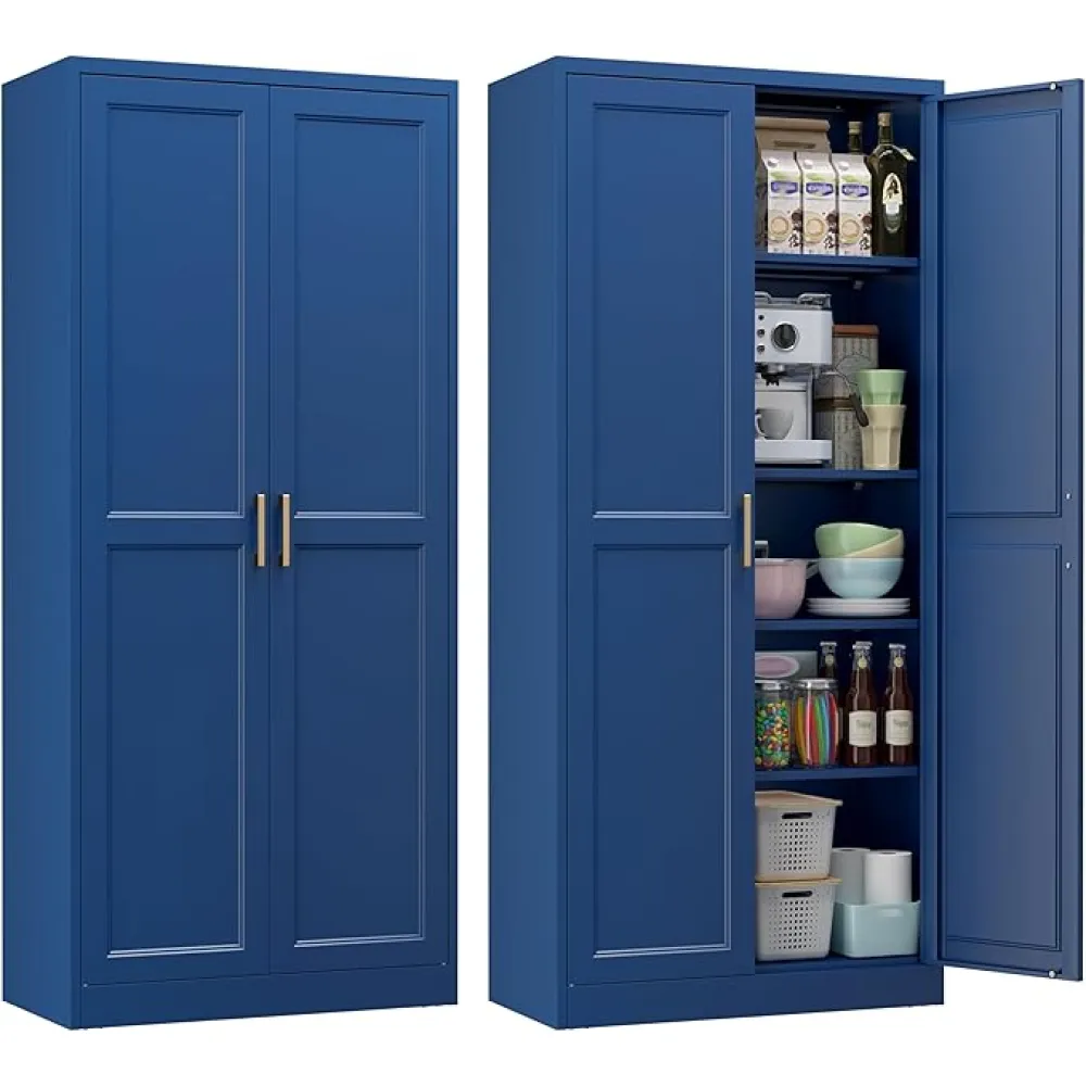 71" Metal Pantry Cabinet, Tall Kitchen Pantry Storage Cabinet with 4 Adjustable Shelves and Gold Handles, Blue Cupboard for Kitchen, Dining Room, Living Room