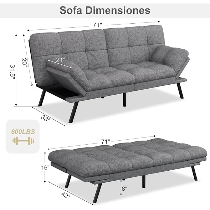 MUUEGM 71" Futon Sofa Bed, Detachable Splitback Recliner Loveseat, Convertible Sleeper Couch with Reversible Backrest & Armrests for Small Spaces, Living Room, Linen Fabric, Light Gray