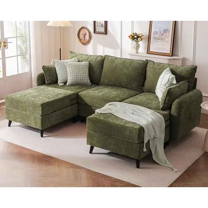 104'' Modular Sectional Sofa with All Seats Storage, Oversized U Shaped Couch for Living Room,3-Seater Comfy Cloud Couches with Movable Ottoman,Big Sectional for Bedroom,Velet,Green