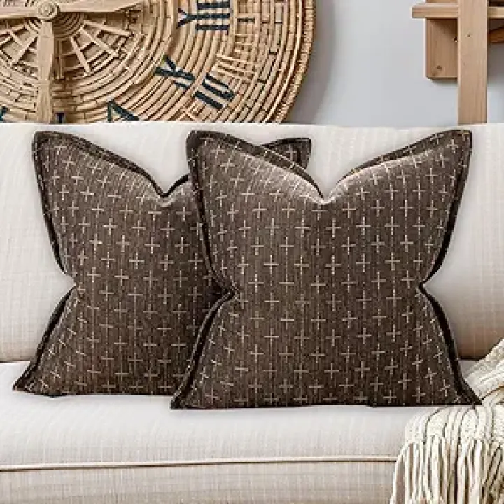 Vintage Texture Pillow Covers 20x20 Rustic Farmhouse Pillowcase with Flange Edge for Couch Sofa Bed,Dark Brown (Cover ONLY, Pack of 2)