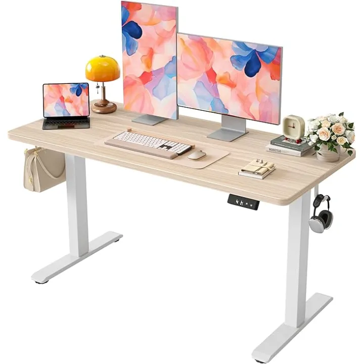 TIQLAB 55 * 24 Inches Electric Standing Desk, Adjustable Height Stand up Desk, Sit Stand Home Office Table with Splice Board, Light Walnut