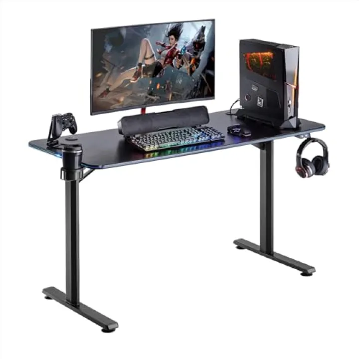 Noua Dot Scrivania Gaming RGB, Tavolo da Gioco Ergonomico, Postazione Gaming per PC Computer Monitor, Fori Passacavi, Portabicchieri e Gancio per Cuffie, 113x60x75 cm