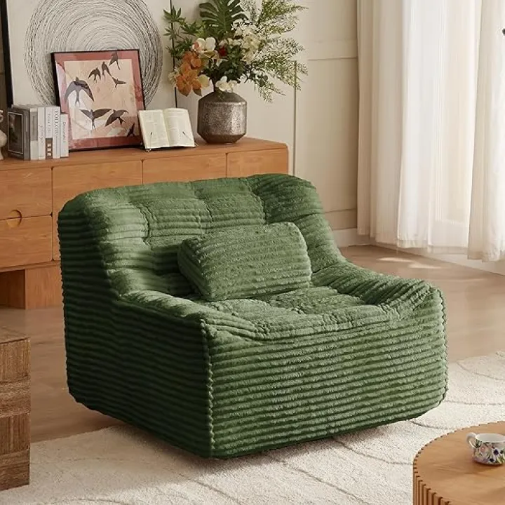 Vyneltio Oversized Swivel Accent Chair, Corduroy Upholstered Book Nook Chair, Big Lazy Sofa Chair for Living Room Bedroom Dorm Office-Green