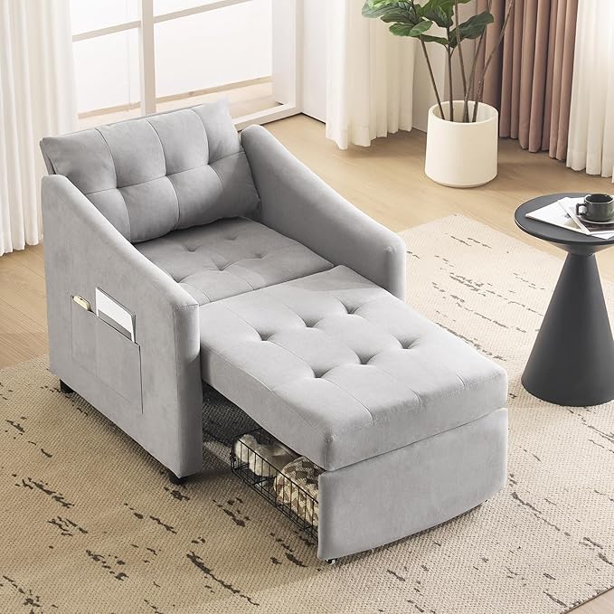 Bezseller Sleeper Sofa Chair Bed, 3-in-1 Convertible Sleeper Chair with Storage Drawer, Pull Out Couch with Side Pocket, Pillow, and Adjustable Backrest, for Living Room Bedroom Apartment, Light Grey