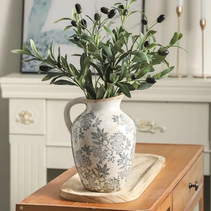 Enra Vintage vase with Handle,Blue and White Ceramic Decorative Flower vase, Chinoiserie Floral Vase,Large Rustic Vases for Home Decors, Living Room, Bookshelf, Office，9.7 inch