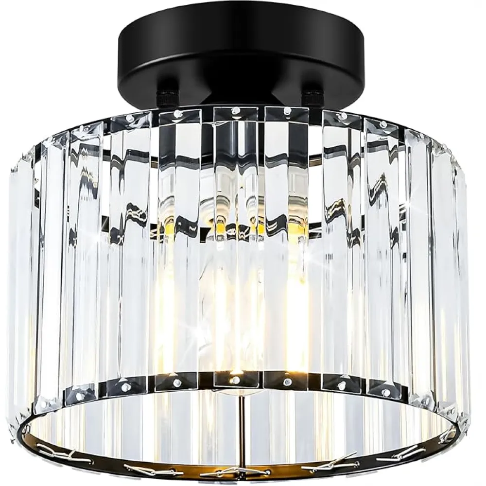 Crystal Black Semi Flush Mount Ceiling Light Modern Hallway Light Fixture Metal Close to Lamp for Entryway Bedroom(8.66 inch)