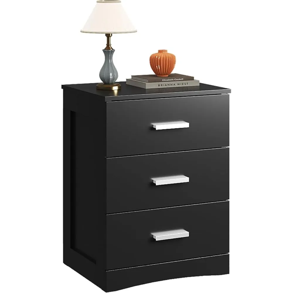 WLIVE Black Night Stand, Wood Nightstand with 3 Storage Drawers, Bed Side Table for Bedroom, Living Room, Dorm, Modern Minimalist Bedside Table