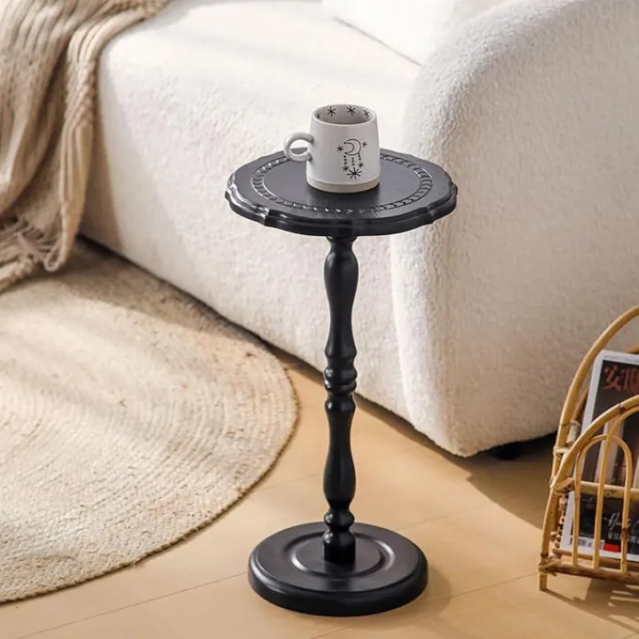 Drink Table, Small Side Table for Small Spaces, Round Solid Wood Modern Accent Nightstand for Living Room, Bedroom, Corners and Office, Black