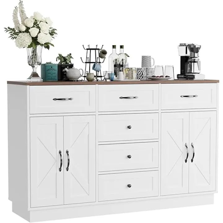 Sideboard Buffet Cabinet with Storage, 55" Large Buffet with 6 Drawers and 4 Doors, Modern Farmhouse Coffee Bar, Suitable for Kitchen, Living Room, Entryway. White