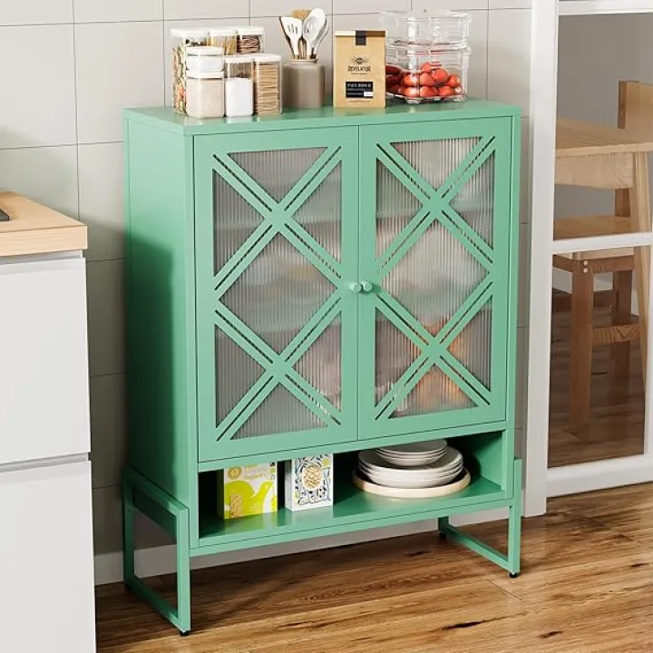 LEYNOT Metal Kitchen Storage Cabinet-Buffets & Sideboards with 2 Doors, 42" Height, Adjustable Shelves-Coffee Bar Cabinet for Living Room, Dining Room, Bathroom, Home Use (Green)