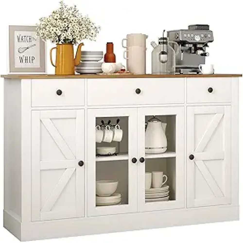 4 EVER WINNER White Buffet Cabinet with Storage, 55" Kitchen Sideboards with Glasses Doors & Barn Doors. Coffee Bar Cabinet with Adjustable Shelves for Kitchen,Dining Room