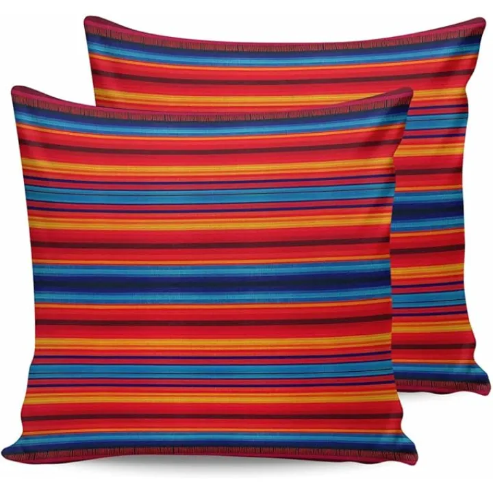 Outdoor Waterproof Pillow Covers Pack of 2, Vintage Blue Red Colorful Stripes Waterproof Throw Pillow Case, Abstract Mexican Lines Soft Cushion Cases for Patio Tent Balcony Couch Bed Sofa