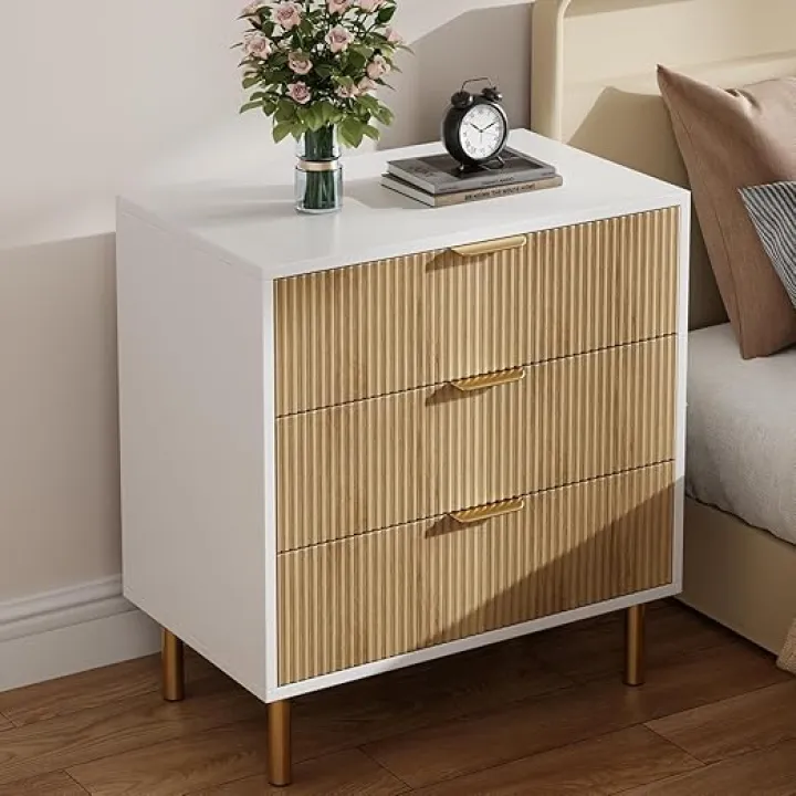 IDEALHOUSE Natural Dresser, Modern 3 Drawer Dresser for Bedroom with Gold Handle and Large Drawer, Wood Double Chest of Drawers and Storage Organizer for Living Room, Hallway, Entryway