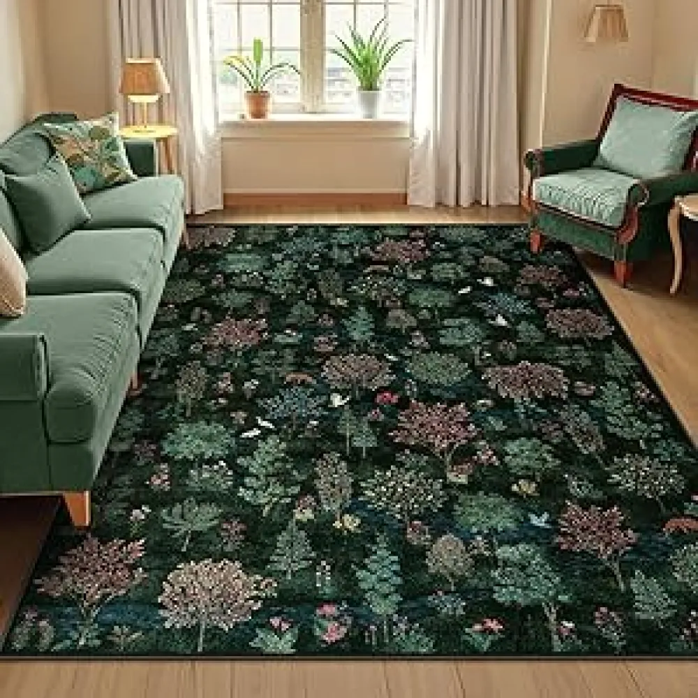 Wonnitar Forest Dark Green Rug for Living Room, Washable 5x7 Area Rugs Ultra-Thin, Boho Soft Non Slip Stain Resistant Woodland Jungle Carpet for Bedroom, Dining Room, Office