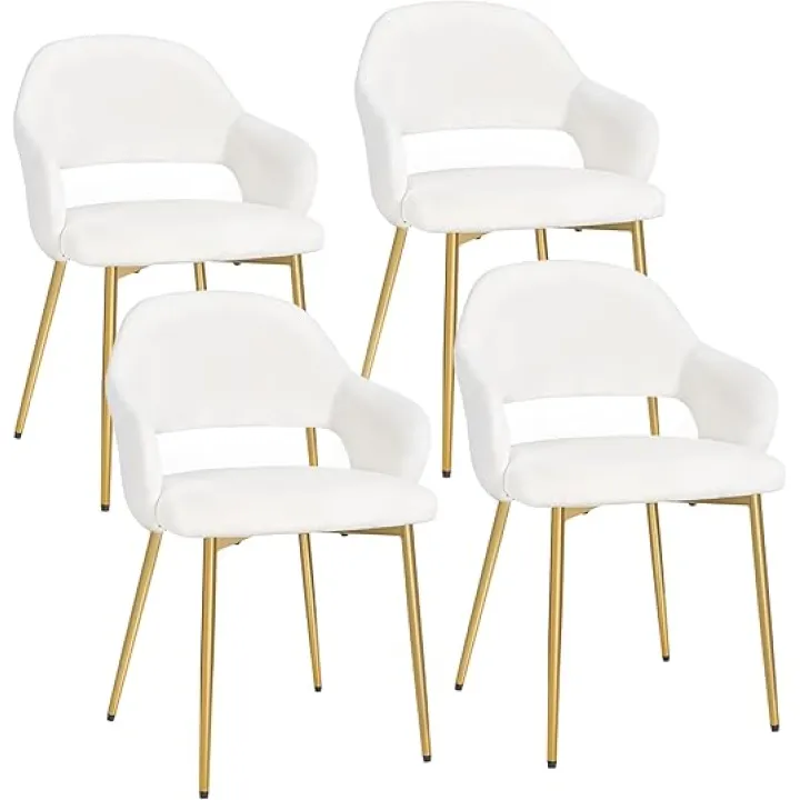 VECELO Velvet Dining Chairs Set of 4, Modern Upholstered Kitchen Chairs with Cushion, Padded Backrest and Metal Legs, White