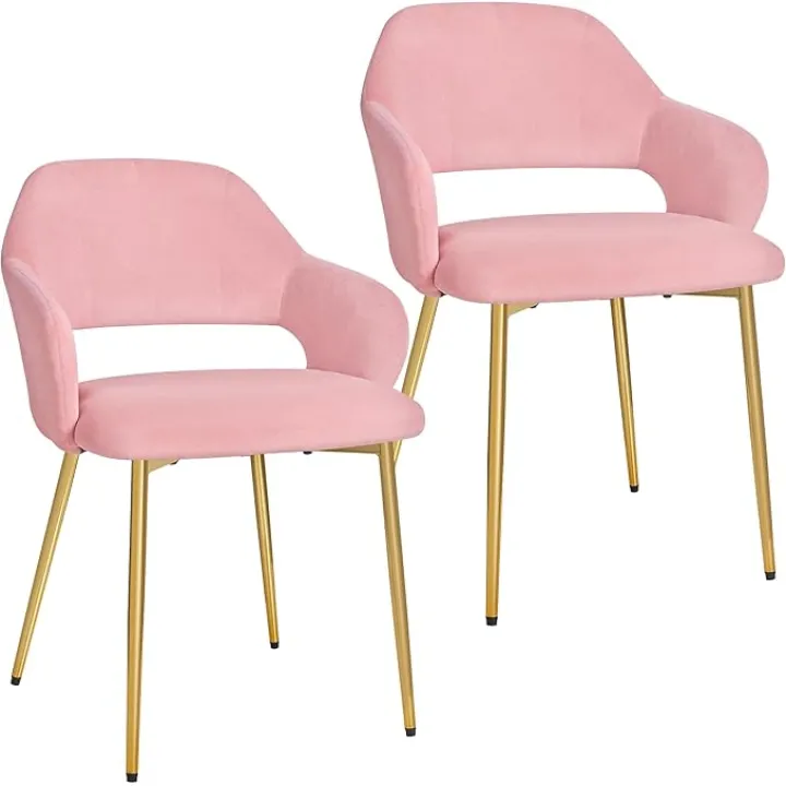 VECELO Velvet Dining Chairs Set of 2, Modern Upholstered Kitchen Chairs with Cushion, Padded Backrest and Metal Legs, Pink