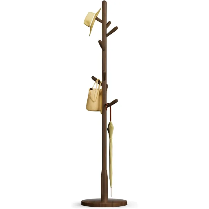 Solid Wood Round Base Coat Rack, Free Standing Hall Coat Tree with 8 Hooks（+2 spare) for Coats, Hats, Bags, Purses, for Entryway, Hallway, Rubberwood Hooks,Base and Pole(Round Base,Dark Walnut)