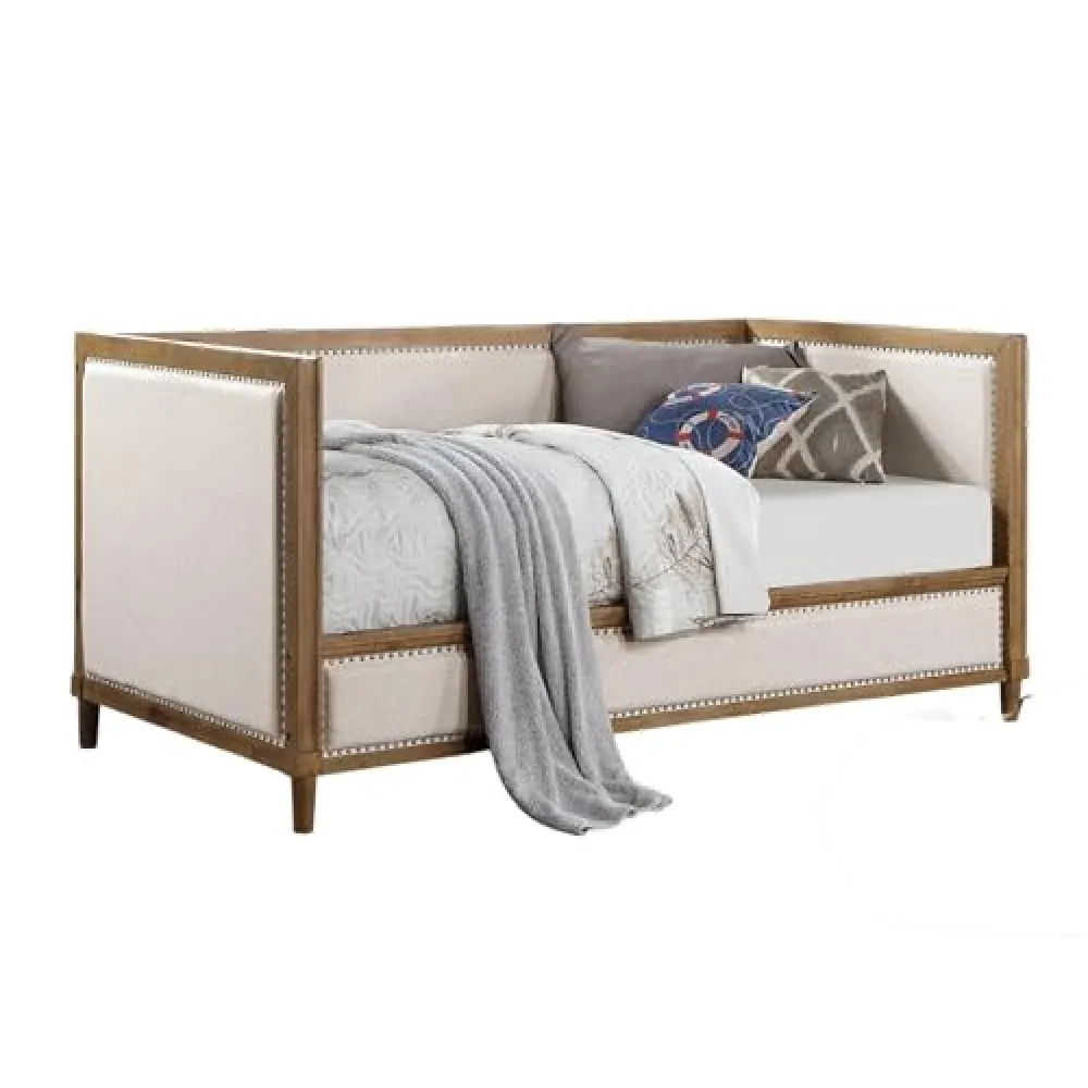 Benjara Kyra Twin Daybed with Nailhead Trim, Pinewood, Fabric, Beige and Light Oak Brown