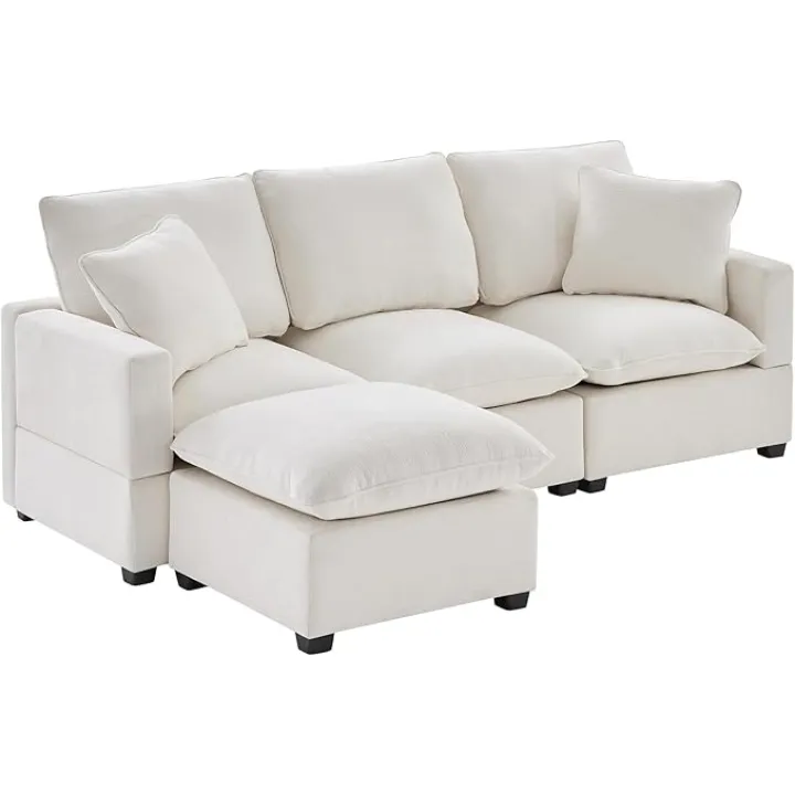 86x57 Modern Modular Sectional Sofa, 4-Seat Chenille Couch Set with 2 Pillows, Freely Configurable Indoor Sofas for Living Room, Apartment & Office, 2 Colors (White)