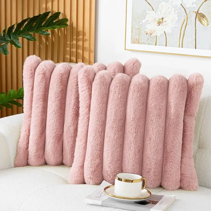 Touchat Pack of 2 Faux Fur Pillow Covers, 18x18 Inch Decorative Throw Pillow Covers with Hidden Zipper, Ultra Soft Couch Cushion Pillows Covers for Sofa/Bedroom Wide Stripe, Pink