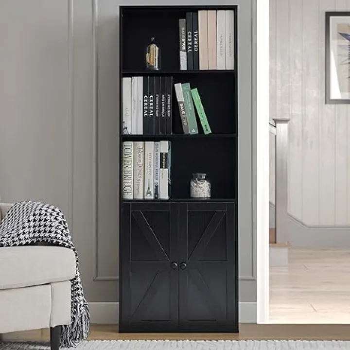 Black 5-Tier Bookshelves for Living Room, Farmhouse Tall Bookcase with Doors, Wooden Bookshelf with Storage Cabinet and Shelves for Living Room, Home Office