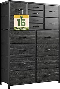 Bepatio 16 Drawers Dresser for Bedroom 57" H Tall Dressers for Bedroom Large Fabric Dressers & Chest of Drawers with Sturdy Metal Frame, Wood Top, Closet, Entryway, Hallway (Charcoal Black)