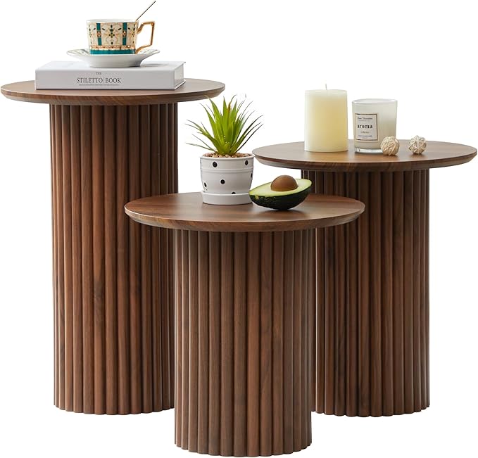 Round Nesting Coffee Table Set of 3,Mid Century Modern Fluted Coffee and End Table Set,Small Circle Wooden Side Table Drink Table for Living Room (Walnut)