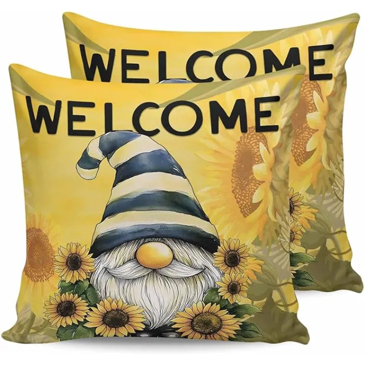 Sunflower Outdoor Waterproof Throw Pillow Covers 18 x 18 Inch Set of 2, Vintage Gnome Pillowcases Decorative Square Cushion Cases for Patio Furniture Couch Porch Garden