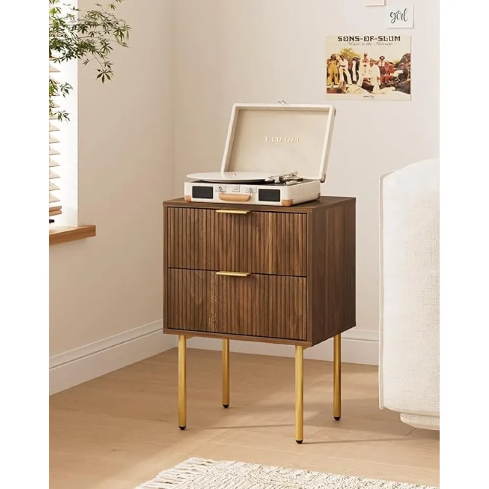 Nightstand,Morden Bedside Table with Gold Frame,Small White Night Stand,End Table,Bedside Furniture,Side Table with Drawer and Shelf for Bedroom,Living Room (2Drawers, Walnut Brown)
