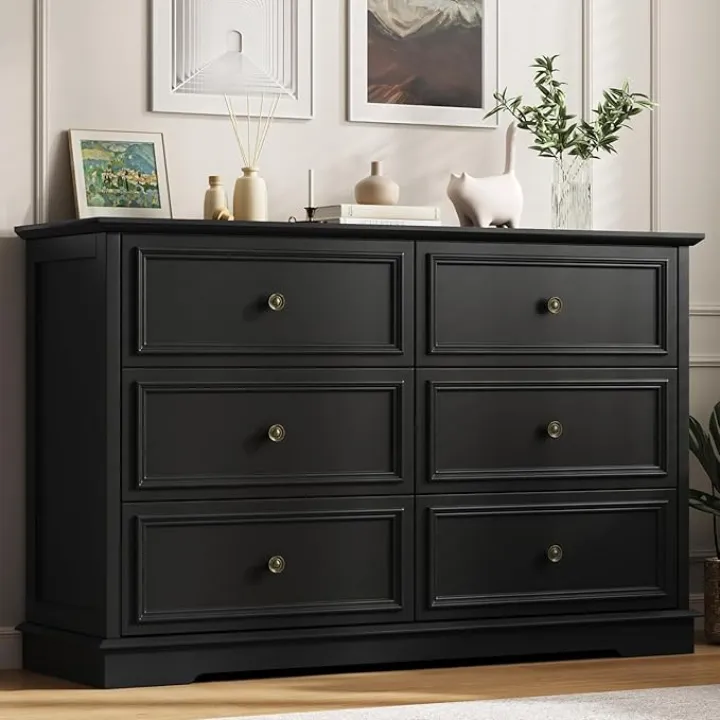 Black 6 Drawer Dresser, Vintage Chest of Drawers with Metal Handle, Wooden Closet Dresser with Deep Drawers, for Living Room, Hallway