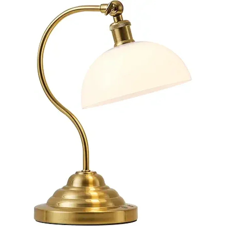 Cordless LED Table Lamp, 180° Swing Arm Desk Lamp, Battery Operated,Dimmable/3 Color, Vintage Rechargeable Table Light for Living Room,Bedroom,Bedside, White Jade Glass Shade, Brass