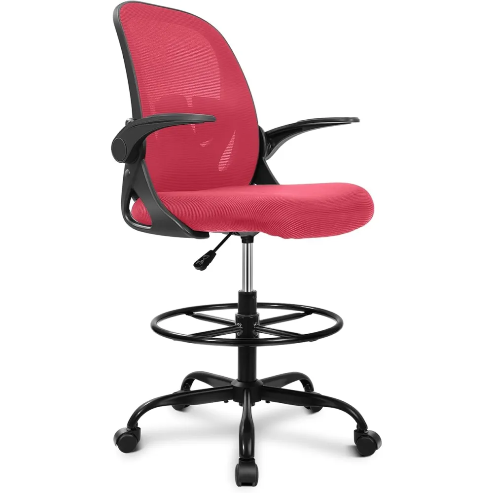 Primy Drafting Chair Tall Office Chair with Flip-up Armrests Executive Ergonomic Computer Standing Desk Chair with Lumbar Support and Adjustable Footrest Ring (Fire Brick)