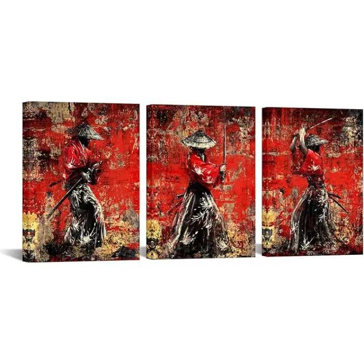 iKNOW FOTO 3-Piece Black and Red Japanese Samurai Wall Art Canvas Prints Character Paintings for Room, Office, Bathroom, Home Decor, Asian Art Prints, Ready to Hang 12x16 Inches