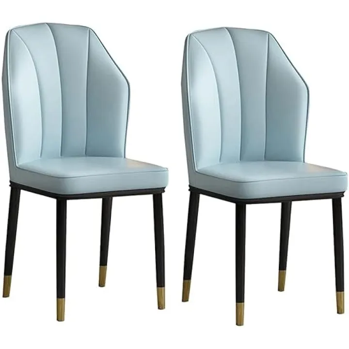 Set of 2 Dining Chairs, Modern High Back Soft Seat with Waterproof PU Leather, Metal Legs, Comfortable Living Room Chairs (Orange)(Light Blue)